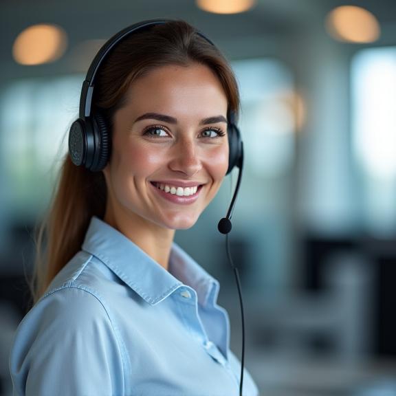 A professional and friendly customer support agent wearing a headset in a modern office.